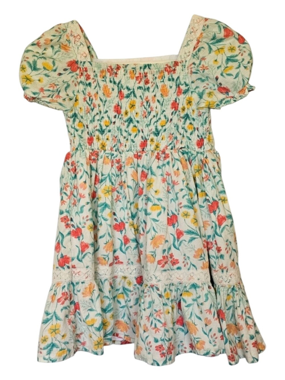 Etta Vee Green Yellow Floral Lace Trim Tiered Dress Girl's Size 7
